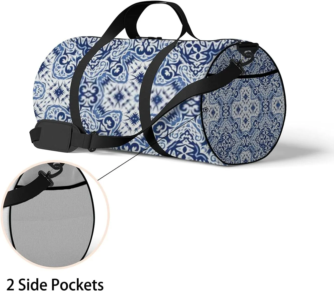 Retro Oriental Navy Blue Floral Decor Pattern Sports Bag Tote Bag Waterproof Gym Bag with Shoulder Strap Zipper 2 Side Pockets for Men and Women, Travel and Storage Shoulder Bag.