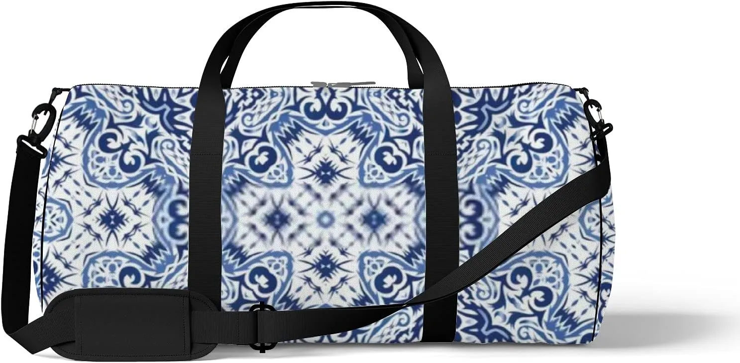 Retro Oriental Navy Blue Floral Decor Pattern Sports Bag Tote Bag Waterproof Gym Bag with Shoulder Strap Zipper 2 Side Pockets for Men and Women, Travel and Storage Shoulder Bag.