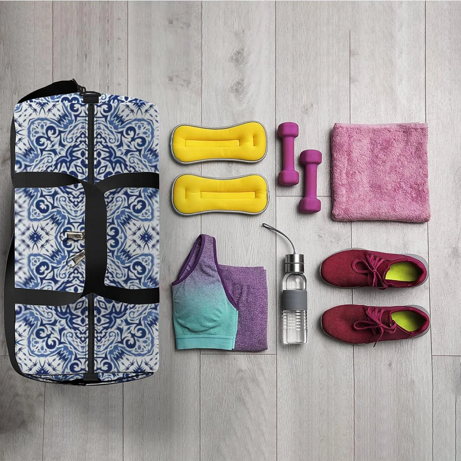 Retro Oriental Navy Blue Floral Decor Pattern Sports Bag Tote Bag Waterproof Gym Bag with Shoulder Strap Zipper 2 Side Pockets for Men and Women, Travel and Storage Shoulder Bag.