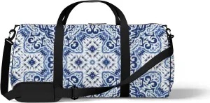 Retro Oriental Navy Blue Floral Decor Pattern Sports Bag Tote Bag Waterproof Gym Bag with Shoulder Strap Zipper 2 Side Pockets for Men and Women, Travel and Storage Shoulder Bag.