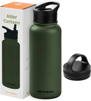 Retrospec Alder Insulated Water Bottle with Straw Lid & Handle Cap - Stainless Steel Wide Mouth Double-Wall Vacuum Insulated Thermos - BPA Free Leakproof Canteen