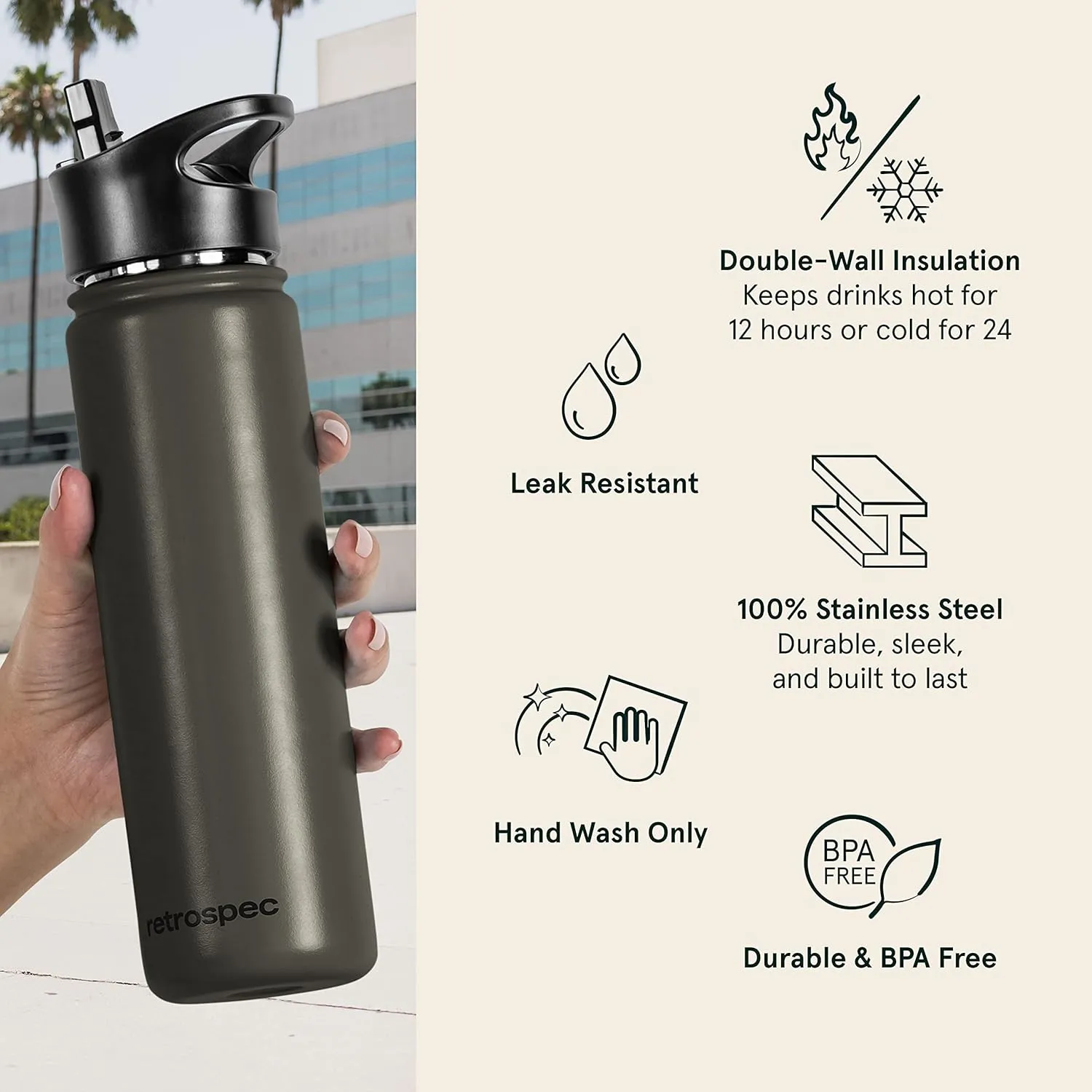 Retrospec Alder Insulated Water Bottle with Straw Lid & Handle Cap - Stainless Steel Wide Mouth Double-Wall Vacuum Insulated Thermos - BPA Free Leakproof Canteen