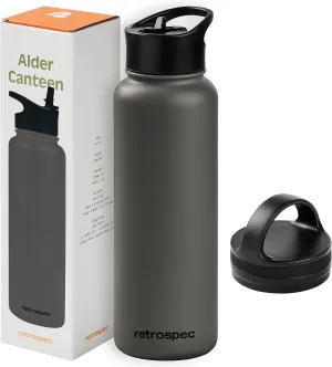Retrospec Alder Insulated Water Bottle with Straw Lid & Handle Cap - Stainless Steel Wide Mouth Double-Wall Vacuum Insulated Thermos - BPA Free Leakproof Canteen