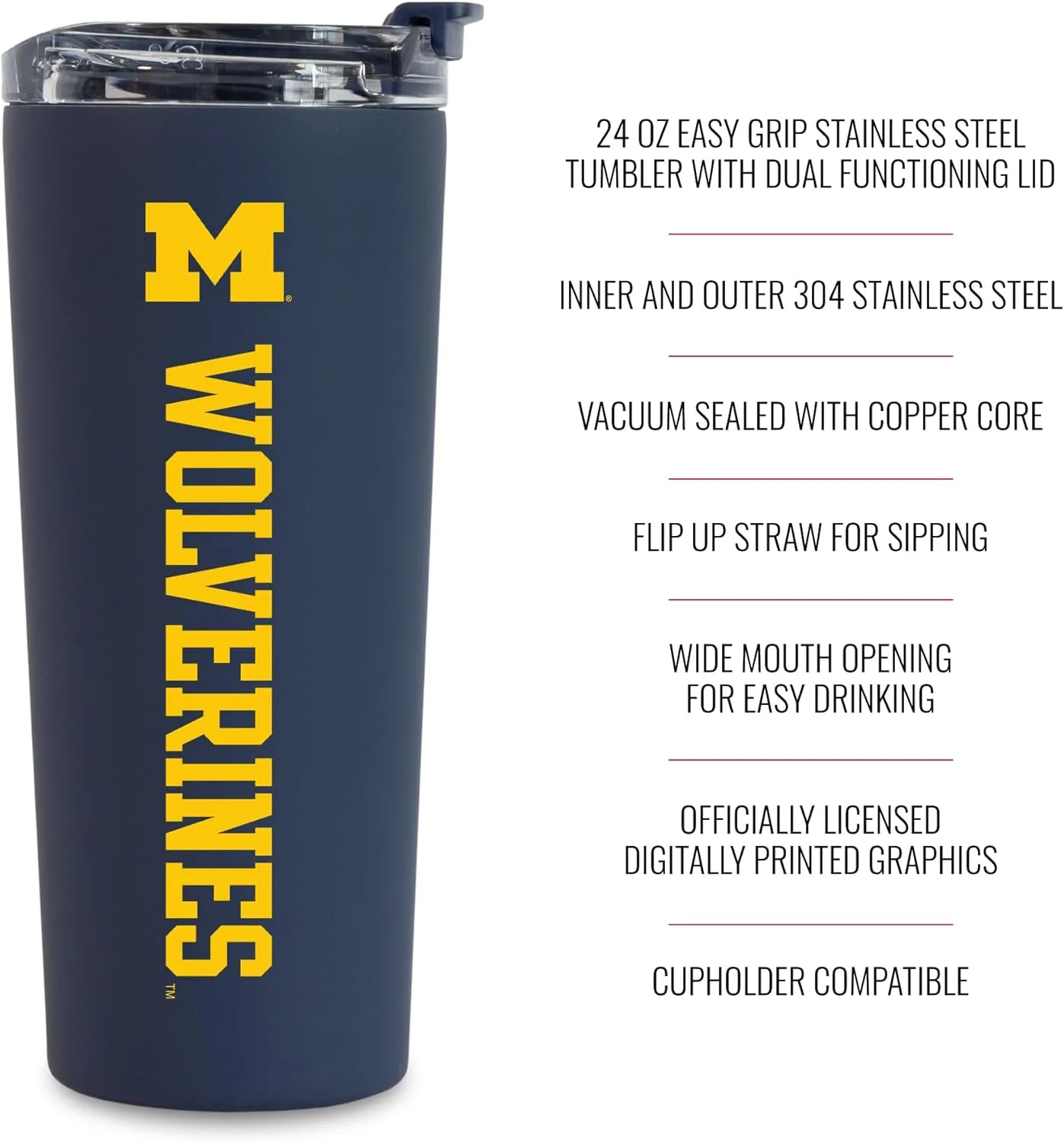 Rico Industries NCAA 24oz Stainless Steel Tumbler with Lid and Dual Functioning Lid (Sip or Use Straw)