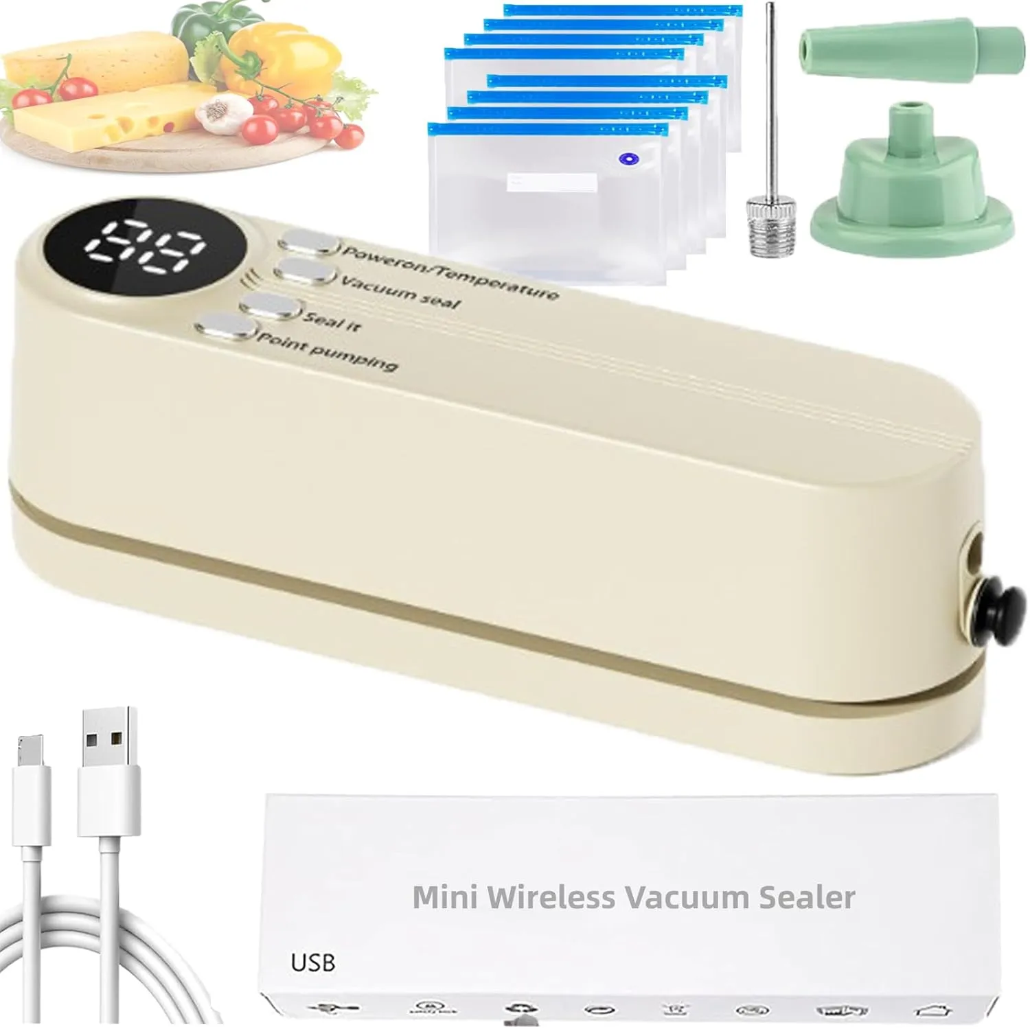 Rightfavour Mini Cordless Vacuum Sealer, Handheld Portable Rechargeable Snack Bag Sealing Machine with Air Pump, for Dry/Moist Food Storage with 10 Compression Bags