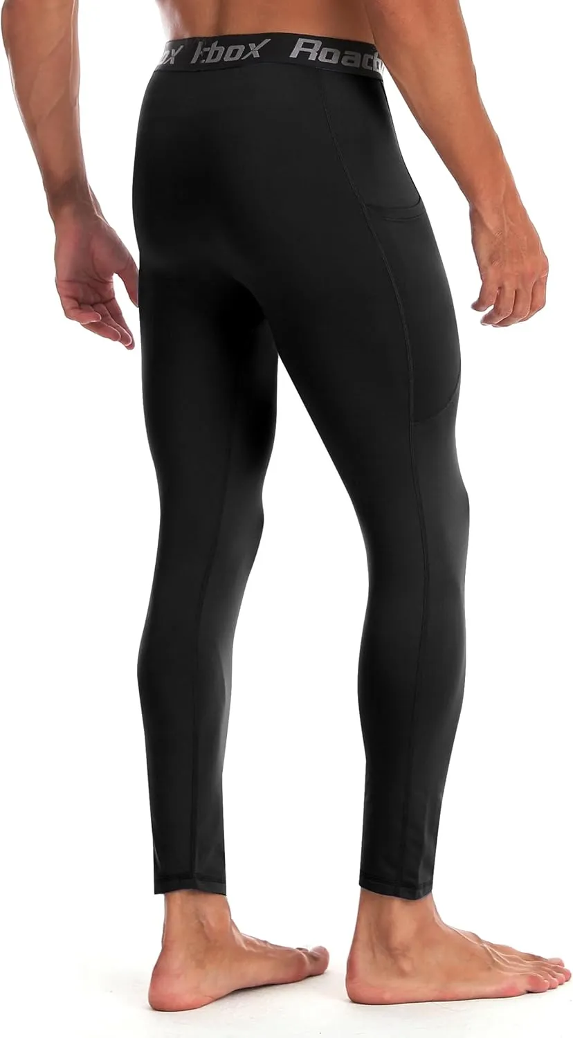 Roadbox 1/2 Pack Thermal Compression Pants for Men Fleece Lined Football Running Tights Base Layer Leggings with Pockets