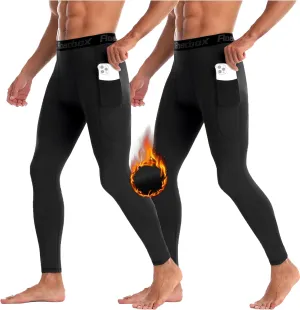 Roadbox 1/2 Pack Thermal Compression Pants for Men Fleece Lined Football Running Tights Base Layer Leggings with Pockets