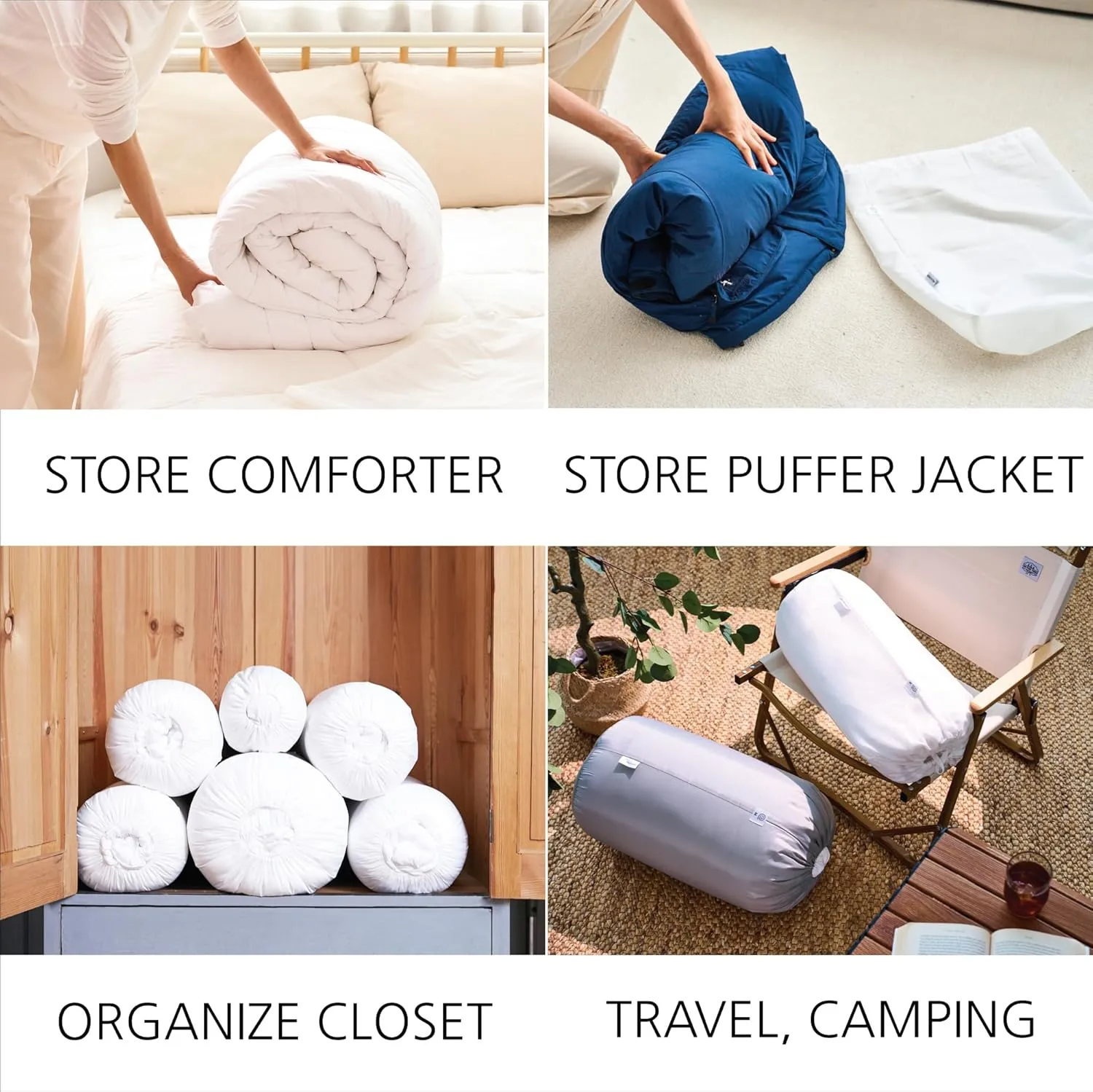 Roll&Stack Storage Bag Organizer, L(58L) X 2, White - Perfect for Comforters, Blankets, Bedding, Bulky Clothes, and Puffer Jackets, Breathable, Dustproof, Washable, and Durable