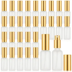 Roshtia 30 Pcs Glass Spray Bottle Clear Empty Bottles Small Refillable Reusable Perfume Bottle with Fine Mist Sprayer Pump for Face Body Travel(1 oz,Gold)