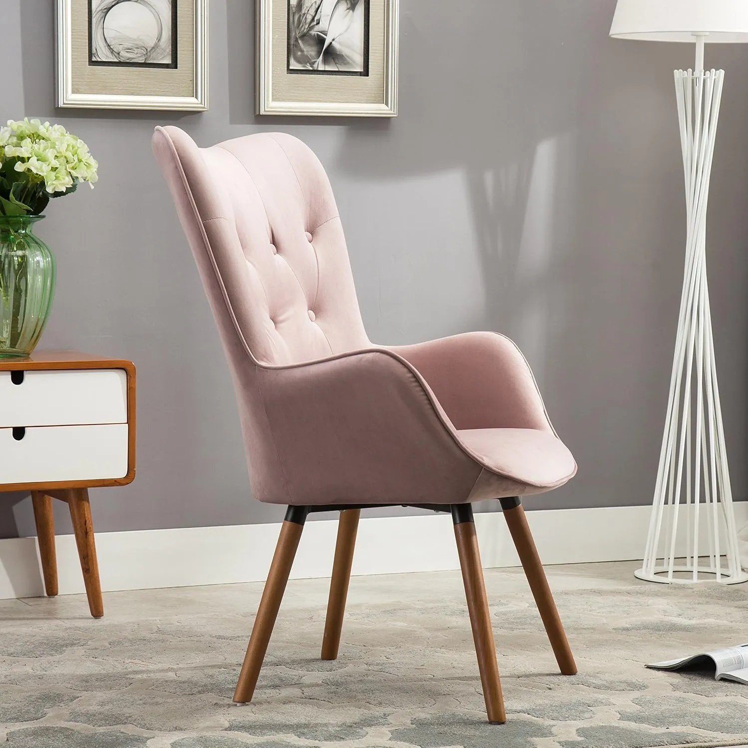 Roundhill Furniture Doarnin Contemporary Silky Velvet Tufted Button Back Accent Chair, Mauve