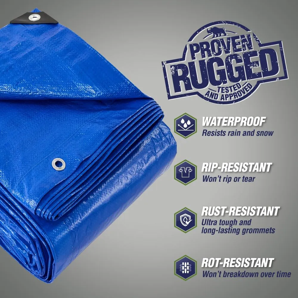 Rugged Rhino All Weather 100% Waterproof Heavy Duty Tarp, 2 Pack, 5 Mil UV Temperature Resistant Tarps, High Durability Multipurpose Cover, for Home Outdoor Patio Winter Leaf Camping, 10x20 Blue