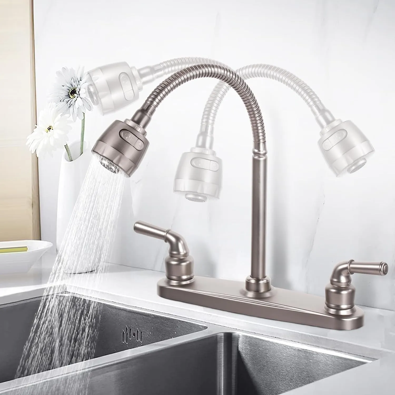 RV Kitchen Faucet Non-Metallic, Flexible Spout for Campers, Motorhomes, Travel Trailers (Brushed Nickled)