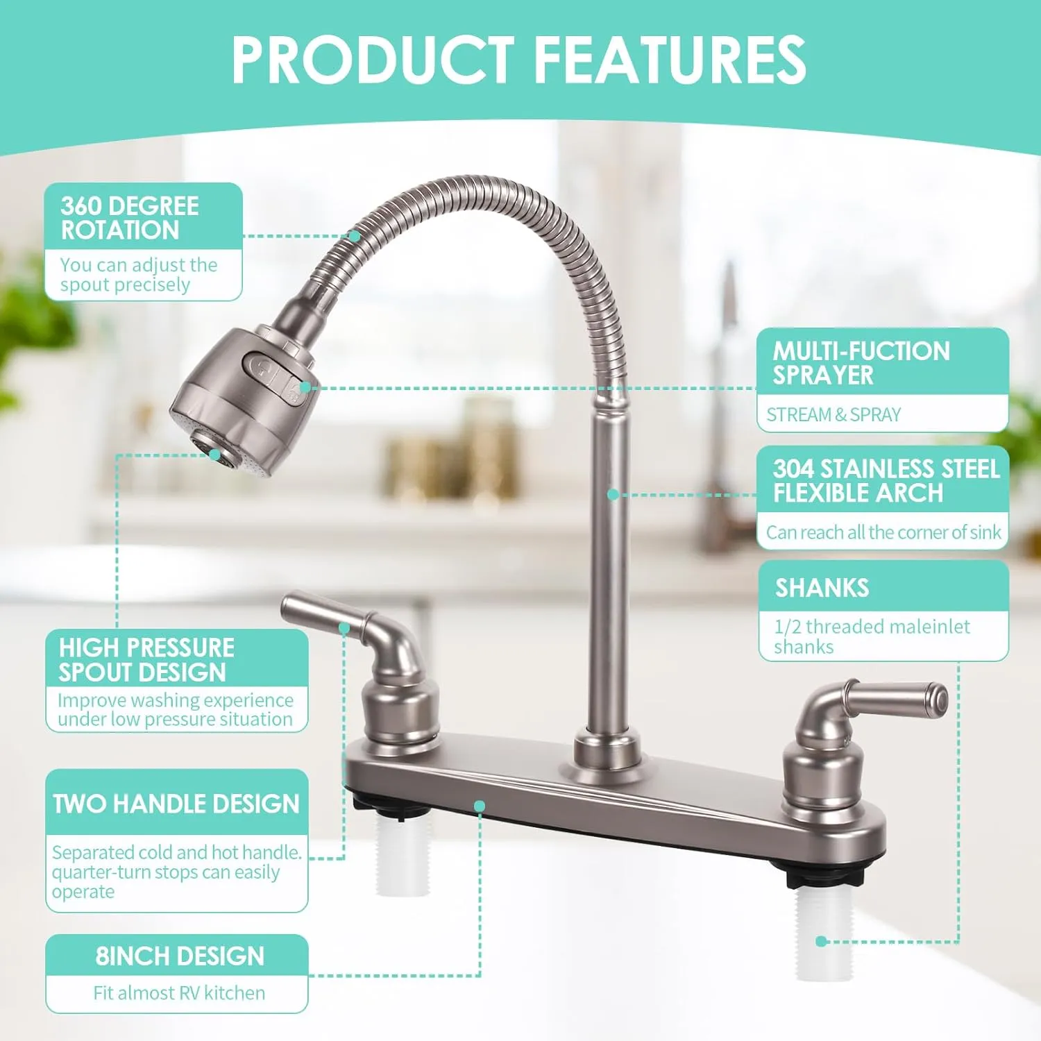 RV Kitchen Faucet Non-Metallic, Flexible Spout for Campers, Motorhomes, Travel Trailers (Brushed Nickled)