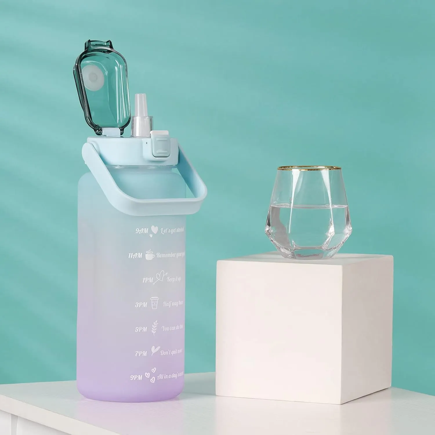 RYI Large Half Gallon 64 OZ Motivational Water Bottle with Straw Time Marker BPA Free for Sport and Fitness Blue Purple