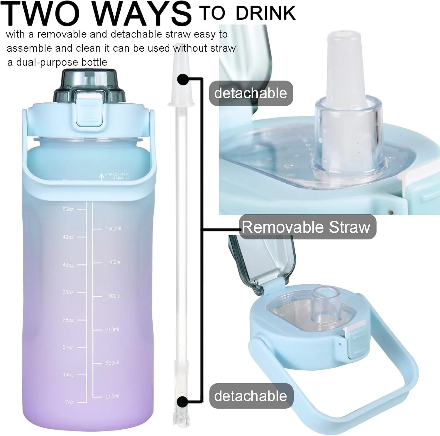 RYI Large Half Gallon 64 OZ Motivational Water Bottle with Straw Time Marker BPA Free for Sport and Fitness Blue Purple