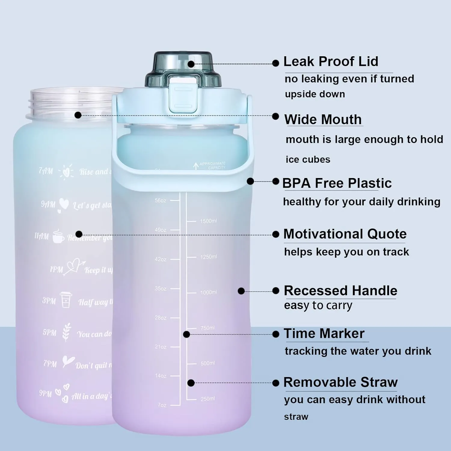 RYI Large Half Gallon 64 OZ Motivational Water Bottle with Straw Time Marker BPA Free for Sport and Fitness Blue Purple