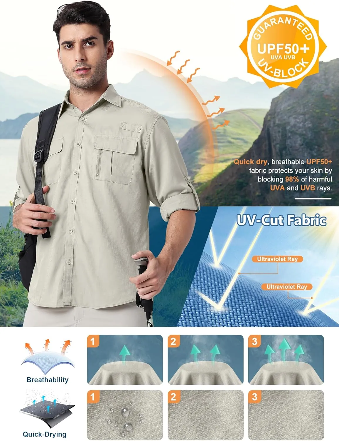 Safari Shirts for Men for Africa UV Sun Protection Lightweight Quick Dry Moisture Wicking for Hiking Fishing Travel Outdoor