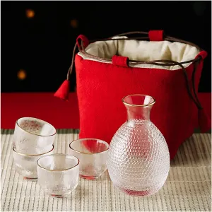 Sake Set Japanese with Storage Bag Glass Sake Pot Sake Cup Transparent Modern Used 4 Sake Cups  1Sake Pot