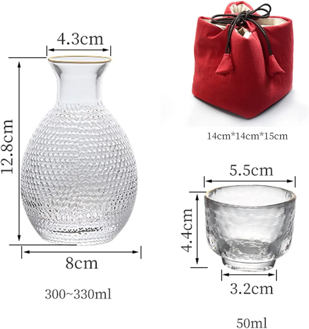 Sake Set Japanese with Storage Bag Glass Sake Pot Sake Cup Transparent Modern Used for Home Party and Great Gifts 4 Sake Cups  1Sake Pot