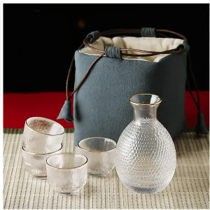 Sake Set Japanese with Storage Bag Glass Sake Pot Sake Cup Transparent Modern Used for Home Party and Great Gifts 4 Sake Cups  1Sake Pot