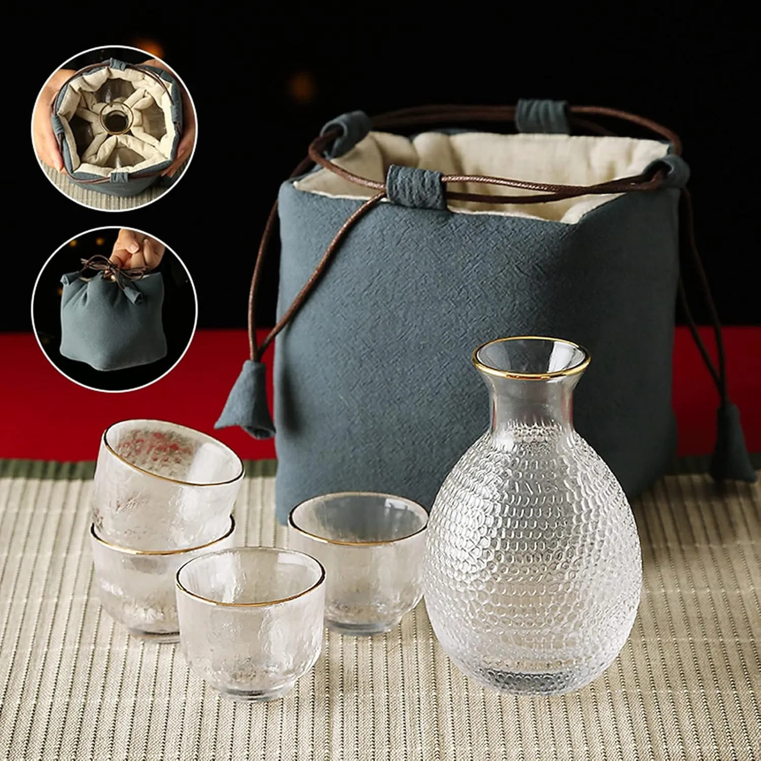 Sake Set Japanese with Storage Bag Glass Sake Pot Sake Cup Transparent Modern Used for Home Party and Great Gifts 4 Sake Cups  1Sake Pot