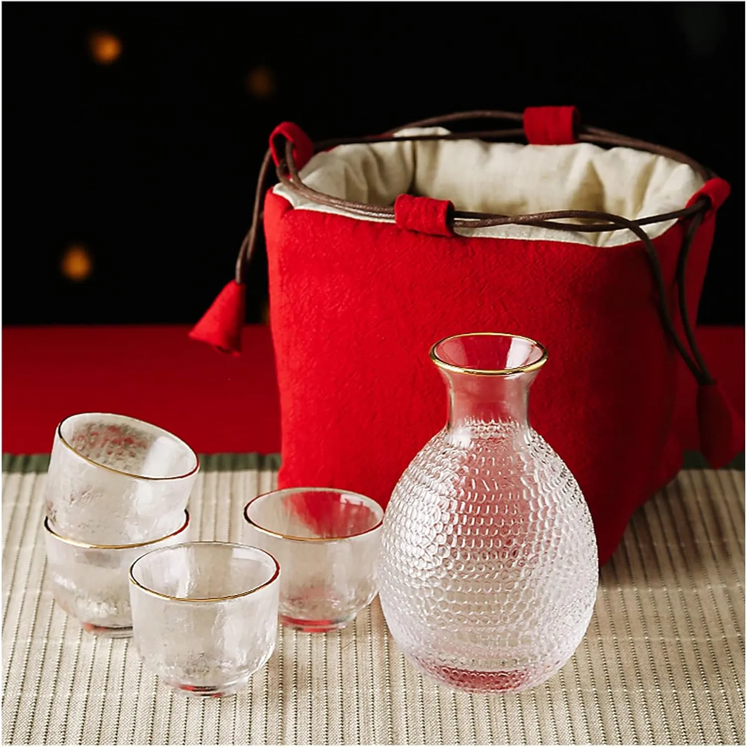 Sake Set, Saki Cups，Crafts Cup Ceramic Sake Set， Sake Set Japanese with Storage Bag, Glass Sake Pot Sake Cup Transparent Modern Used for Home Party and Great Gifts 4 Sake Cups  1Sake Pot,Red