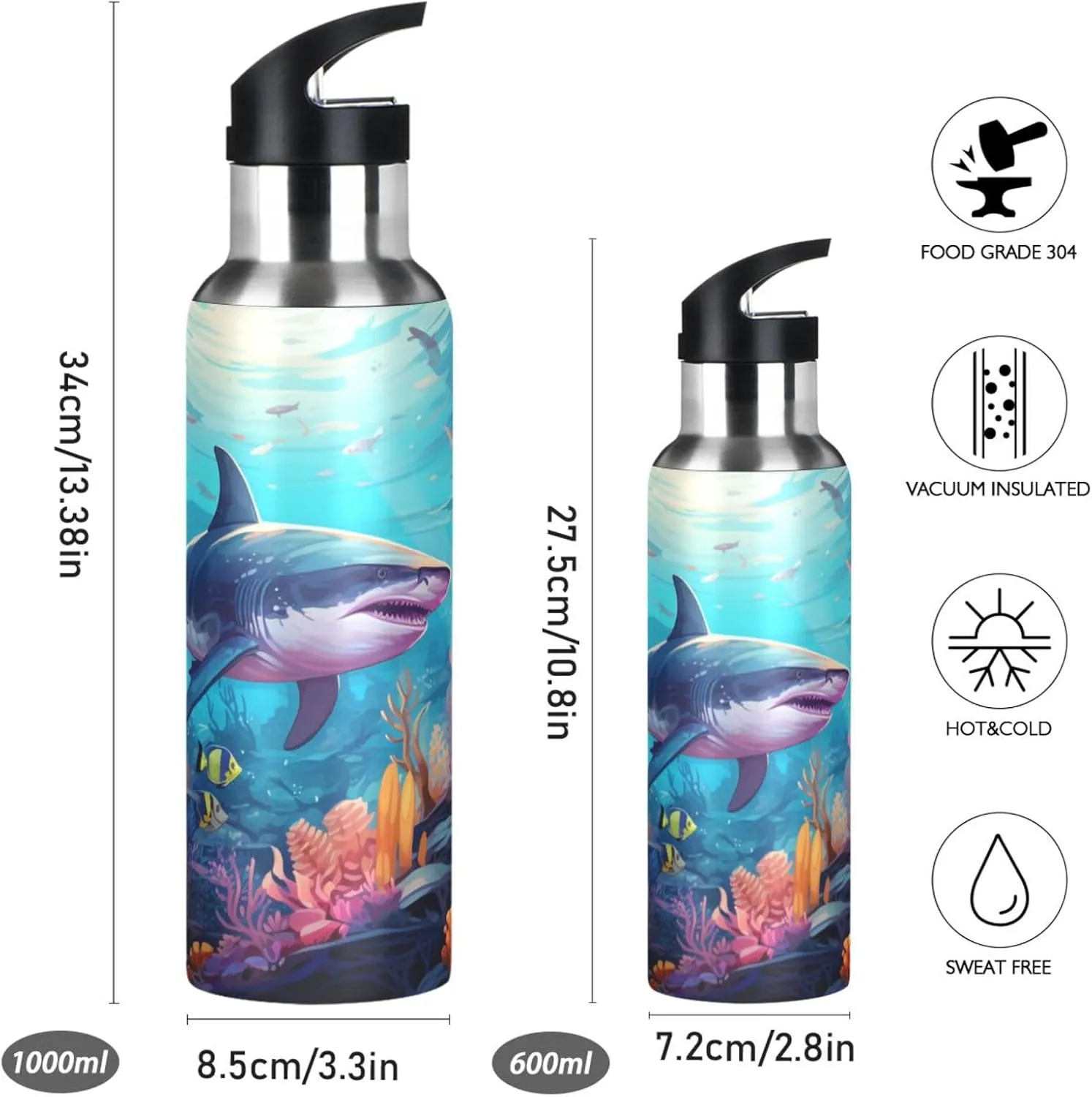 Sea Animals Shark Sport Water Bottle Insulated Stainless Steel Large Vacuum Flask Leak Proof Thermos with Straw for Travel(600ml/1000ml)