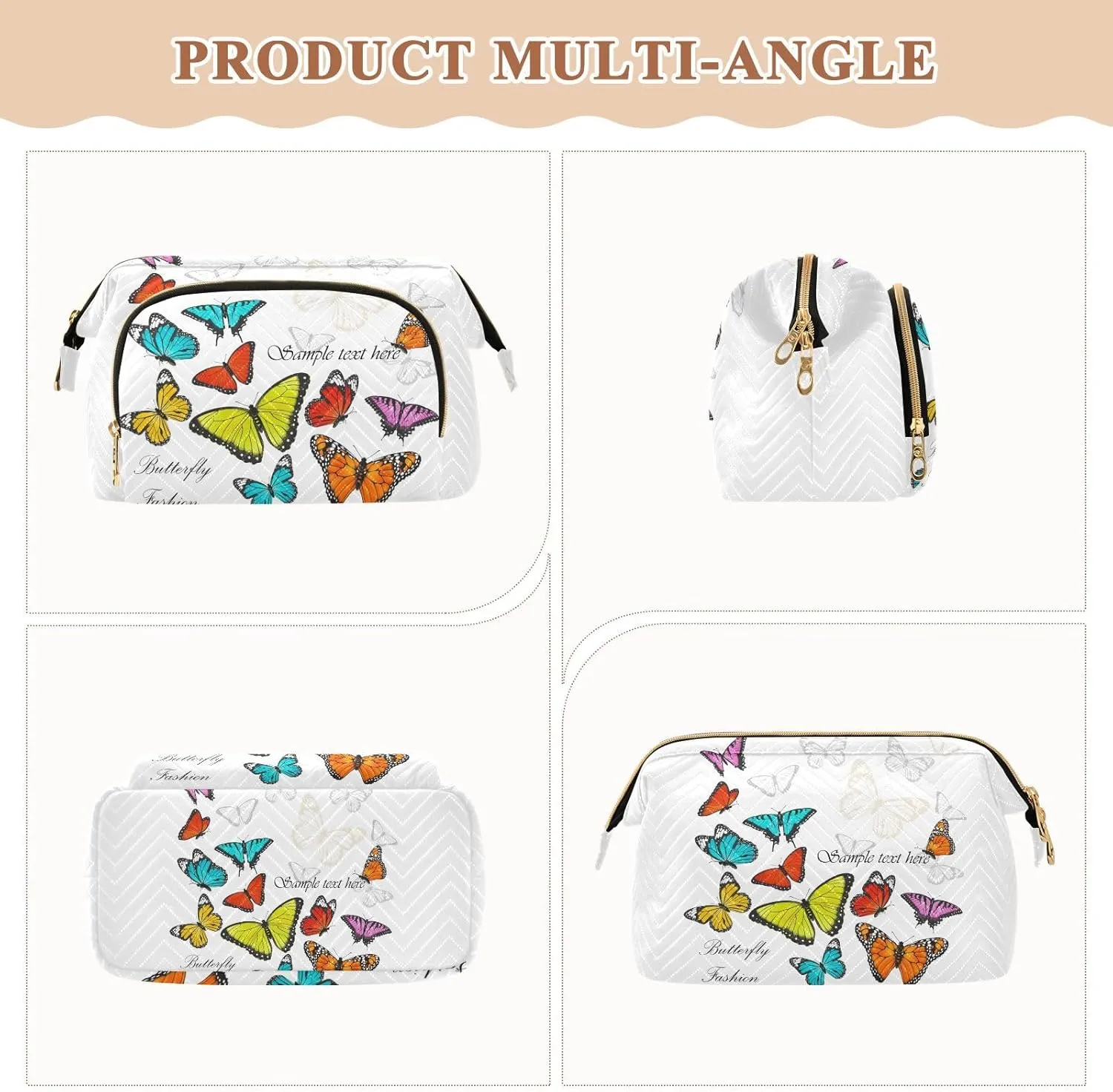 Seamless Colorful Butterflies on White Women Cosmetic Bag Makeup Bag Stylish Trip Beauty Bag Travel Toiletry Bag with Bottle Organizer 10.2 x 5.9 x 6.7 inch