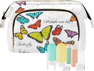 Seamless Colorful Butterflies on White Women Cosmetic Bag Makeup Bag Stylish Trip Beauty Bag Travel Toiletry Bag with Bottle Organizer 10.2 x 5.9 x 6.7 inch