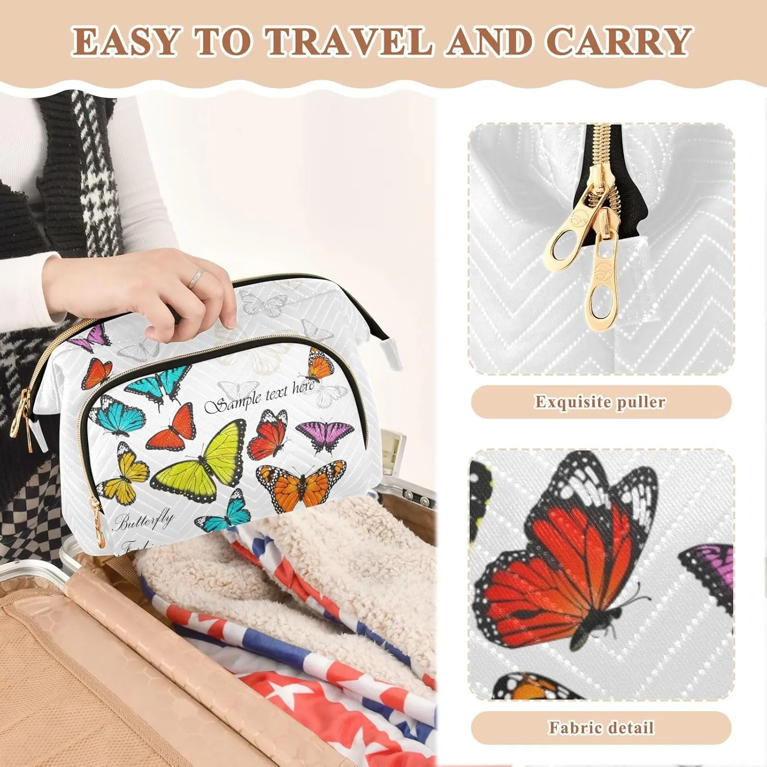 Seamless Colorful Butterflies on White Women Cosmetic Bag Makeup Bag Stylish Trip Beauty Bag Travel Toiletry Bag with Bottle Organizer 10.2 x 5.9 x 6.7 inch