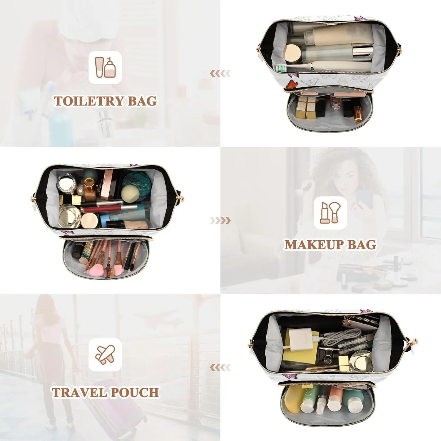 Seamless Colorful Butterflies on White Women Cosmetic Bag Makeup Bag Stylish Trip Beauty Bag Travel Toiletry Bag with Bottle Organizer 10.2 x 5.9 x 6.7 inch