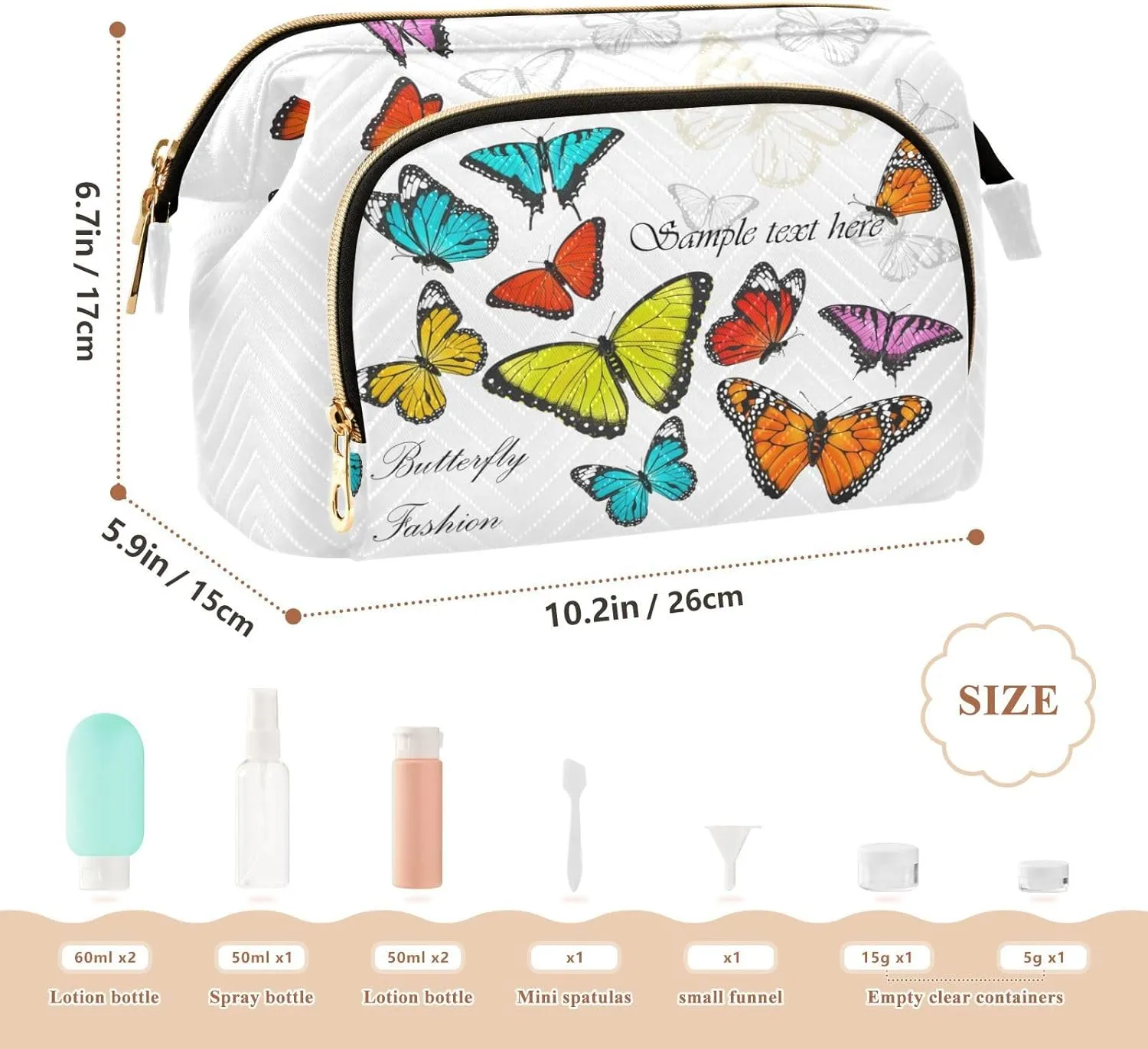 Seamless Colorful Butterflies on White Women Cosmetic Bag Makeup Bag Stylish Trip Beauty Bag Travel Toiletry Bag with Bottle Organizer 10.2 x 5.9 x 6.7 inch