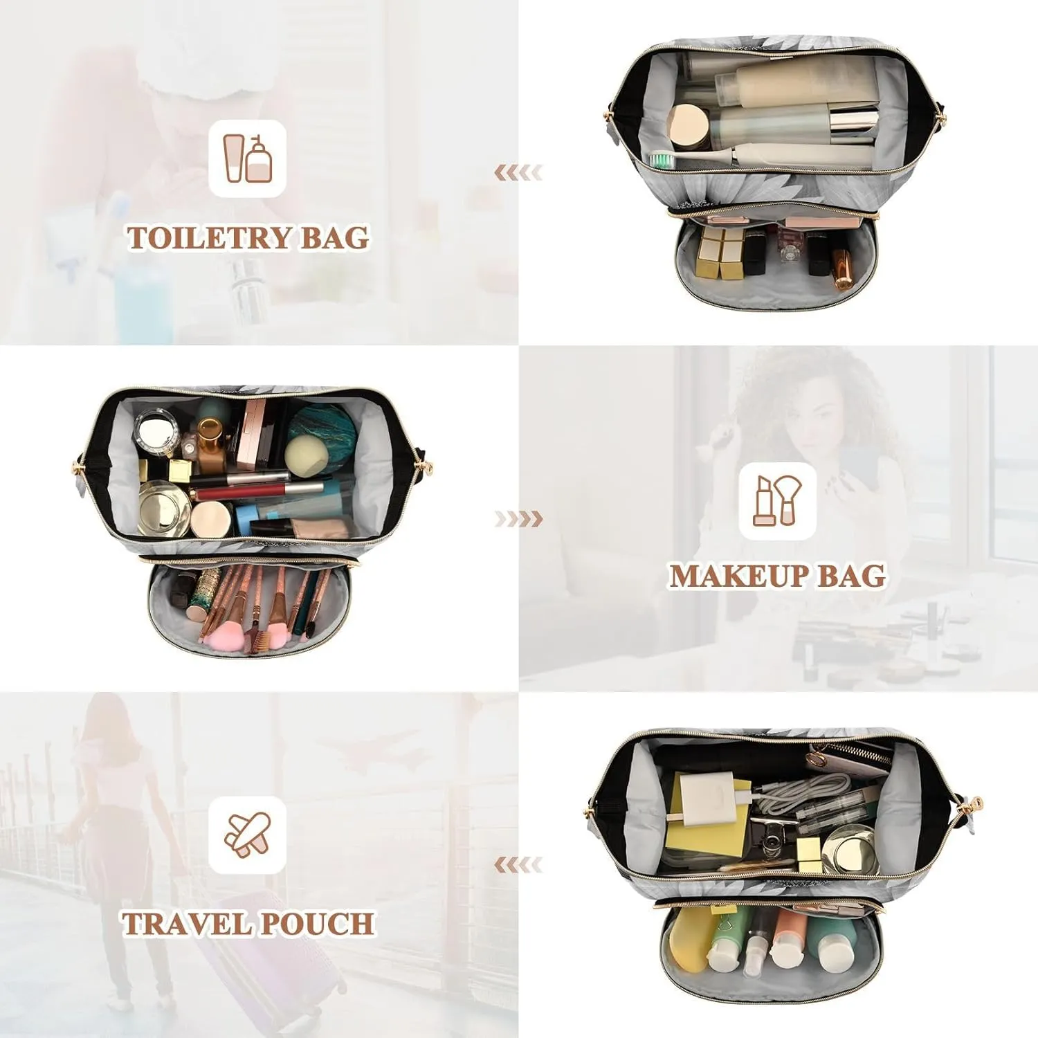 Seamless Grey White Sunflowers Texture in Vintage Retro Style Women Cosmetic Bag Makeup Bag Stylish Trip Beauty Bag Travel Toiletry Bag with Bottle Organizer 10.2 x 5.9 x 6.7 inch