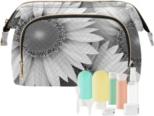Seamless Grey White Sunflowers Texture in Vintage Retro Style Women Cosmetic Bag Makeup Bag Stylish Trip Beauty Bag Travel Toiletry Bag with Bottle Organizer 10.2 x 5.9 x 6.7 inch
