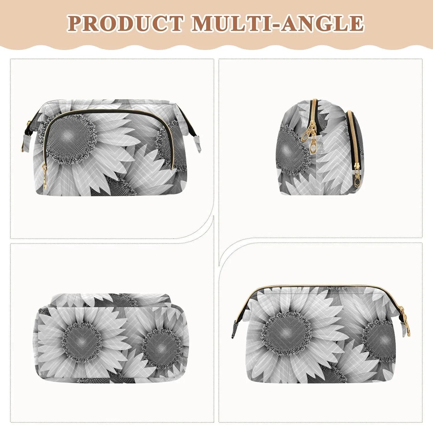 Seamless Grey White Sunflowers Texture in Vintage Retro Style Women Cosmetic Bag Makeup Bag Stylish Trip Beauty Bag Travel Toiletry Bag with Bottle Organizer 10.2 x 5.9 x 6.7 inch