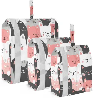 Seamless with Cartoon Cats Travel Storage Bag with Lanyard - Portable Lightweight Classified Storage Bag with Zipper, Dust and Waterproof Travel Packing Cube for Suitcase,3 Pieces