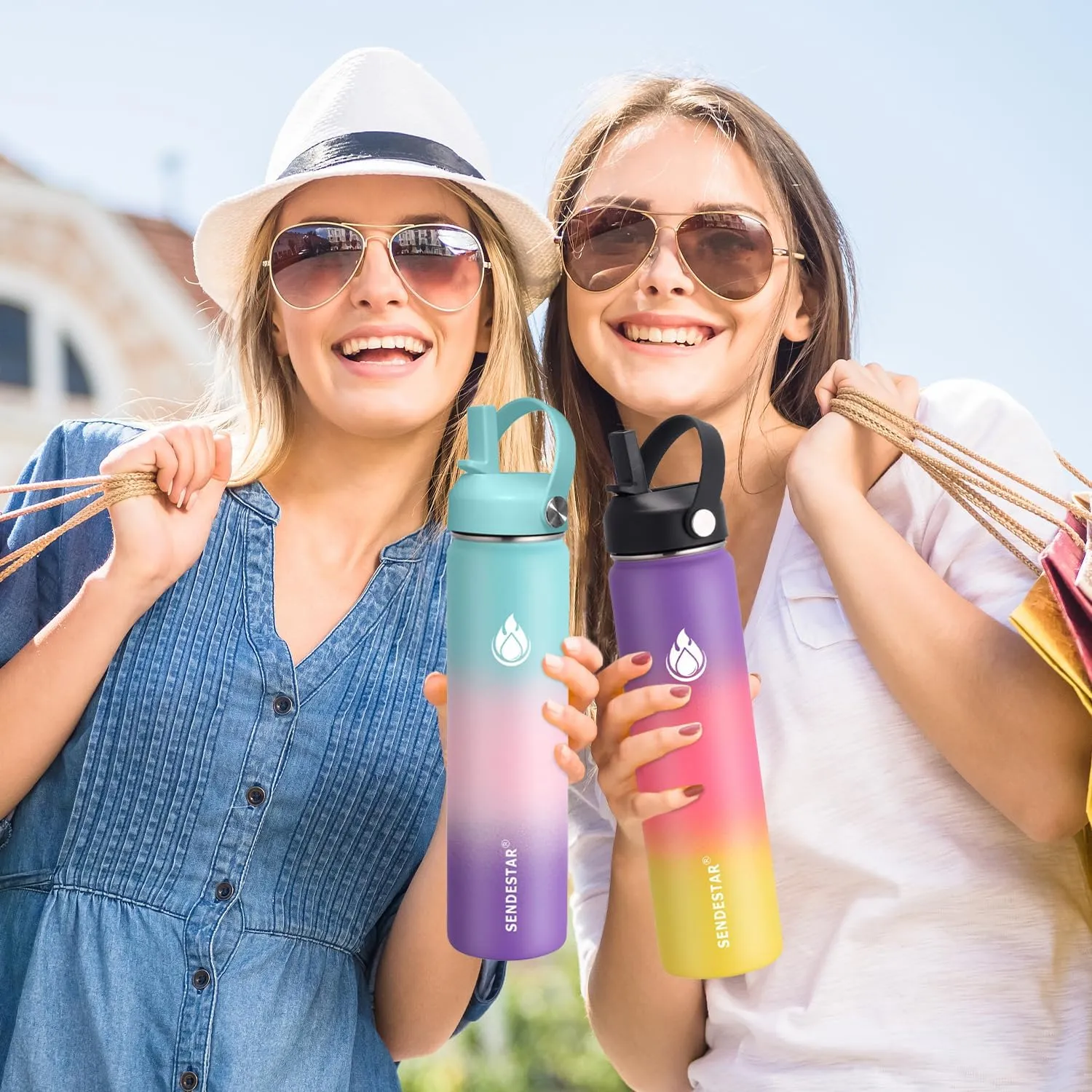 SENDESTAR Water Bottle 40oz Double Wall Vacuum Insulated Leak Proof Stainless Steel Sports Water Bottle—Wide Mouth with New Flex Straw Lid & Spout Lid (Bubble Gum)