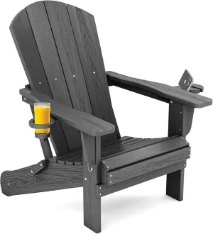SERWALL Foldable Adirondack Chair, HDPE Adirondack Chair with Wood-Texture-Gray