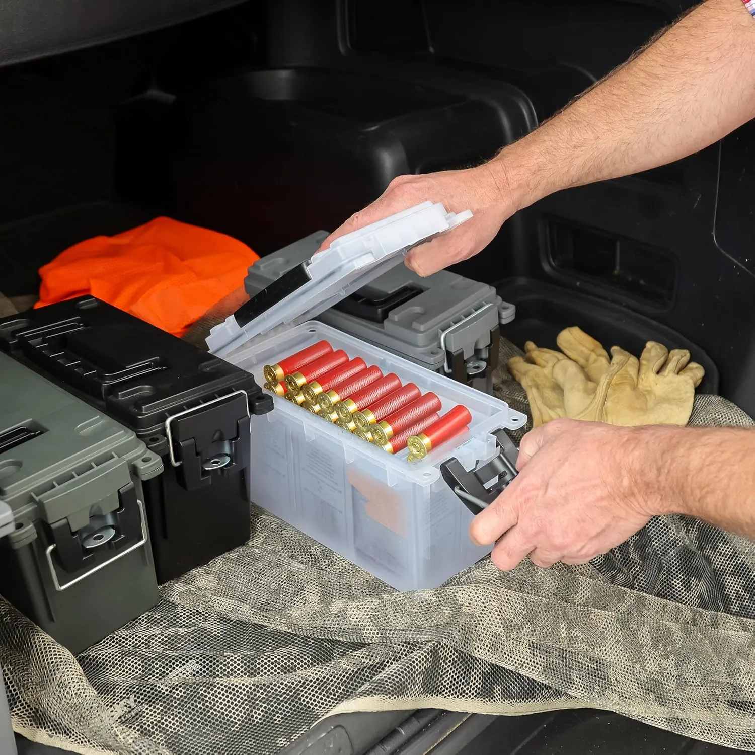 Sheffield 12758 4-Pack Ammo Storage Box, Stackable .30 Cal Field Boxes, Water and Dust Resistant, Lockable Storage Box with Handle, Secures Hunting Gear, Supplies, and Bullets, Made in the USA, Frost
