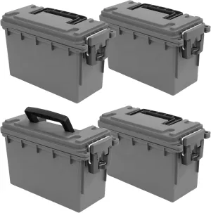 Sheffield 12759 4-Pack Ammo Storage Box, Stackable .30 Cal Field Boxes, Water and Dust Resistant, Lockable Storage Box with Handle, Secures Hunting Gear, Supplies, and Bullets, Made in the USA, Gray