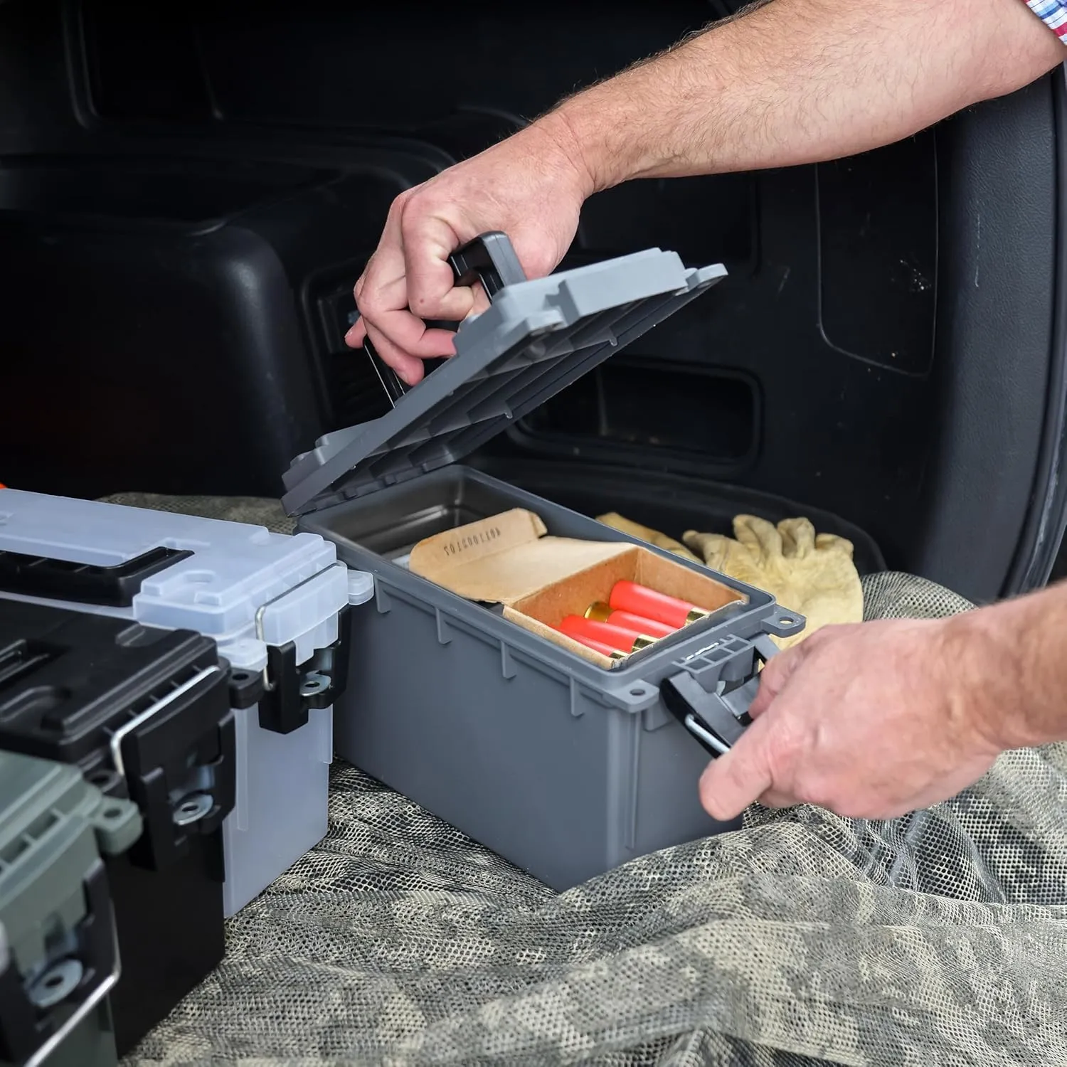 Sheffield 12759 4-Pack Ammo Storage Box, Stackable .30 Cal Field Boxes, Water and Dust Resistant, Lockable Storage Box with Handle, Secures Hunting Gear, Supplies, and Bullets, Made in the USA, Gray