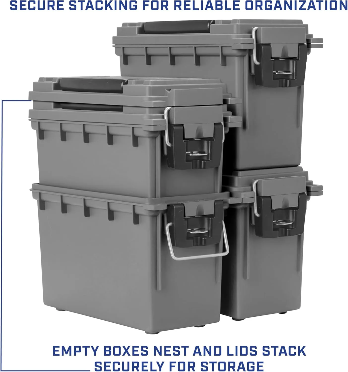 Sheffield 12759 4-Pack Ammo Storage Box, Stackable .30 Cal Field Boxes, Water and Dust Resistant, Lockable Storage Box with Handle, Secures Hunting Gear, Supplies, and Bullets, Made in the USA, Gray