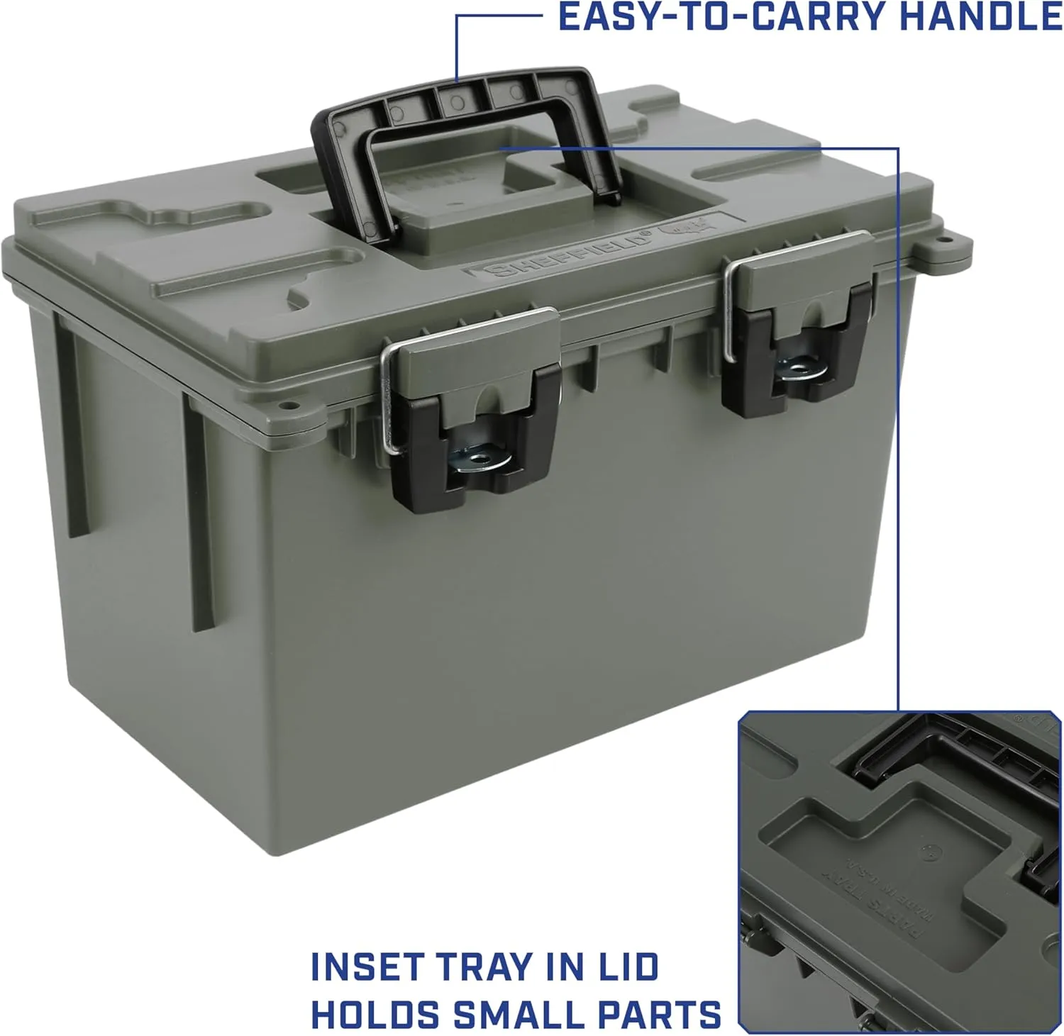 Sheffield 12765 4-Pack XL Ammo Storage Box, Stackable .50 Cal Field Boxes, Water and Dust Resistant, Lockable Storage Box with Handle, Heavy Duty Protection for Hunting Gear, Made in the USA, Green