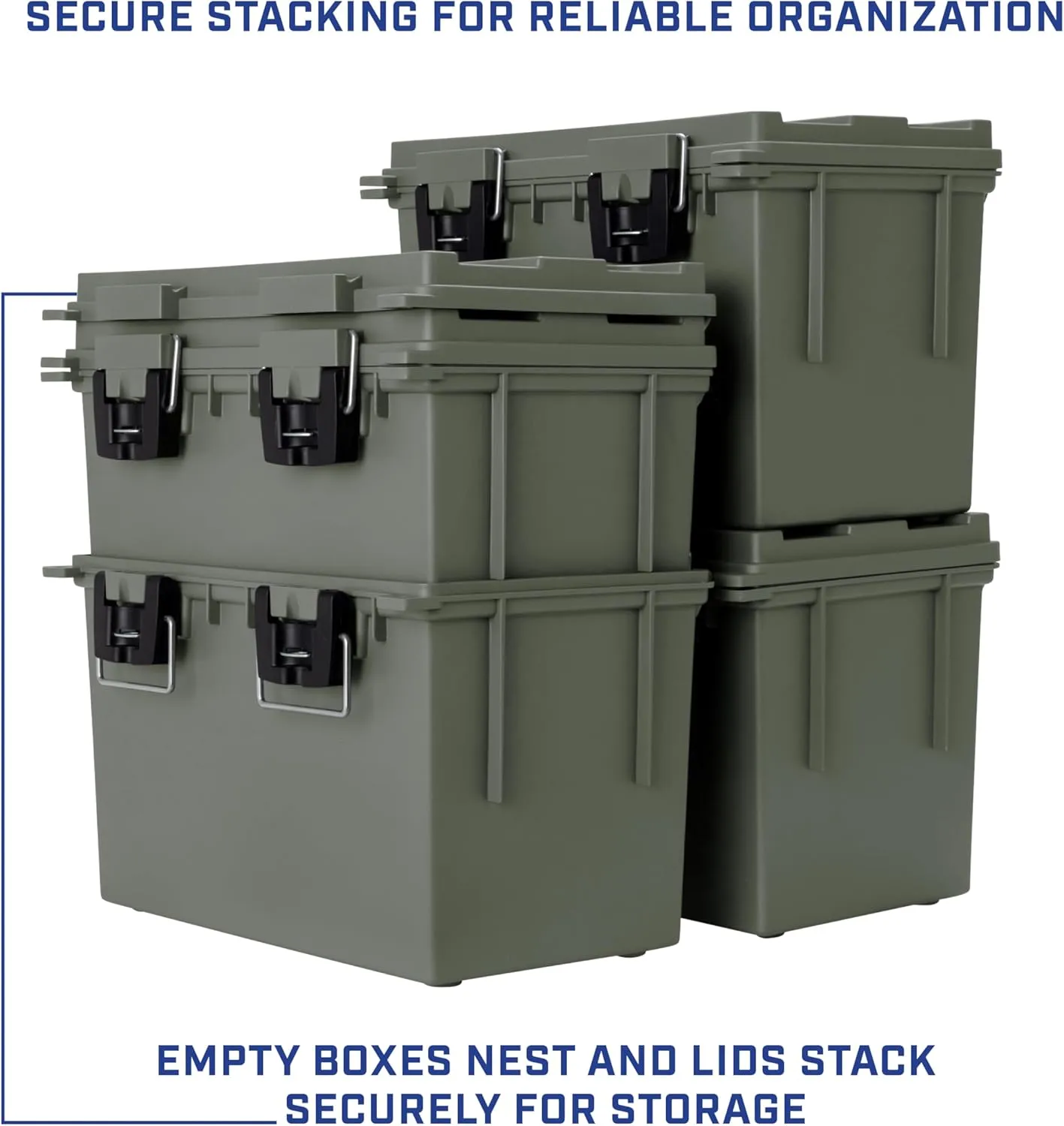 Sheffield 12765 4-Pack XL Ammo Storage Box, Stackable .50 Cal Field Boxes, Water and Dust Resistant, Lockable Storage Box with Handle, Heavy Duty Protection for Hunting Gear, Made in the USA, Green