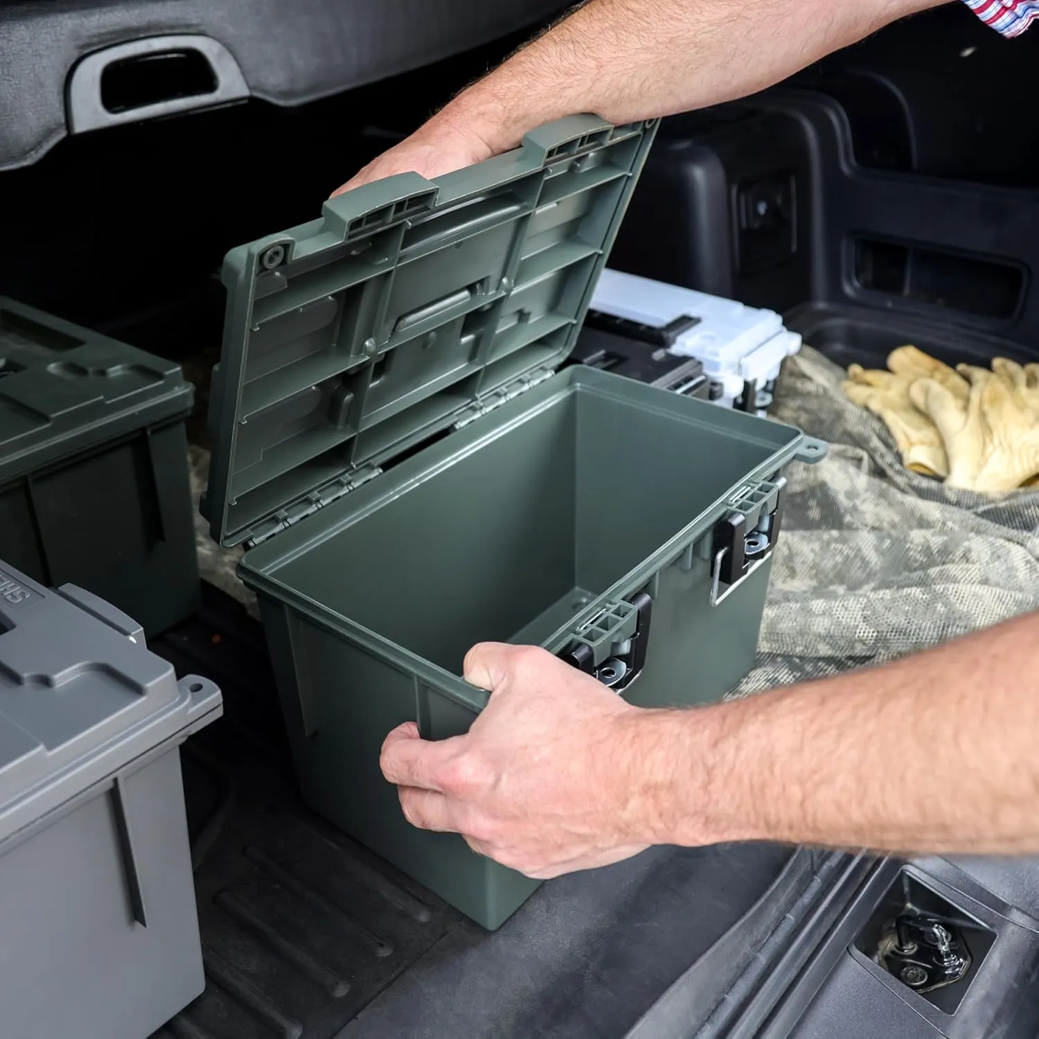 Sheffield 12765 4-Pack XL Ammo Storage Box, Stackable .50 Cal Field Boxes, Water and Dust Resistant, Lockable Storage Box with Handle, Heavy Duty Protection for Hunting Gear, Made in the USA, Green
