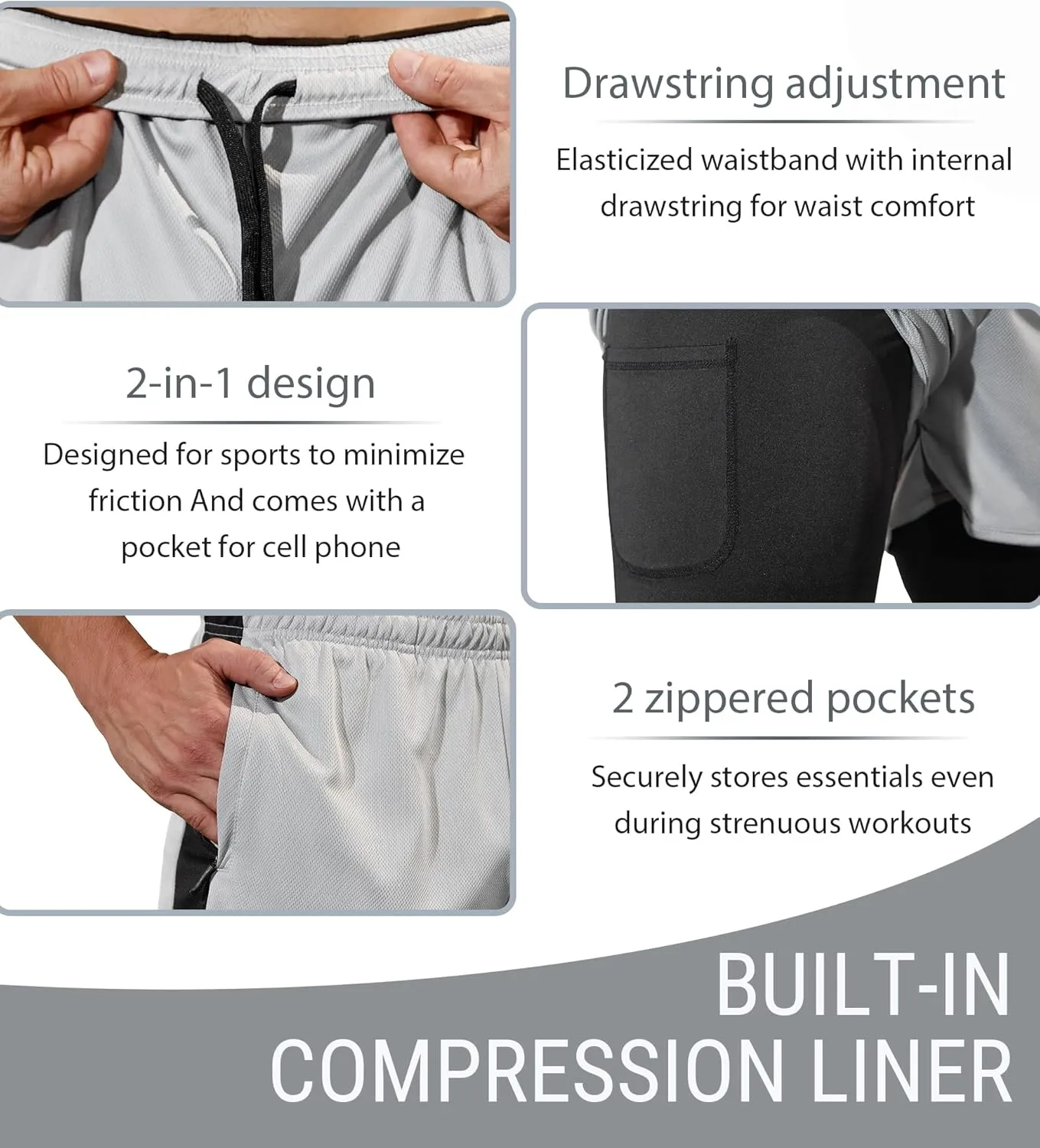 SILKWORLD Gym Shorts Men 2 in 1 Quick Dry Athletic Shorts 2~3 Pack Running Shorts for Men with Zipper Pockets