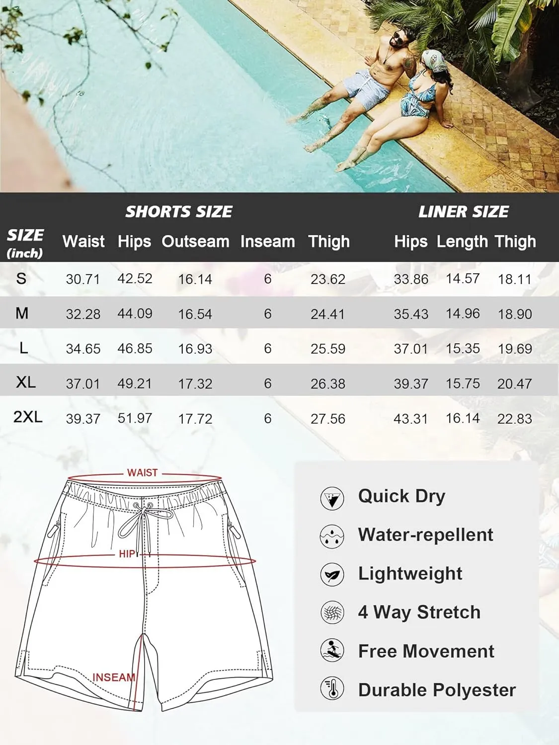 SILKWORLD Men's Swim Trunks Quick Dry Bathing Suits 6 Inch Swimming Shorts with Compression Liner and Zipper Pockets