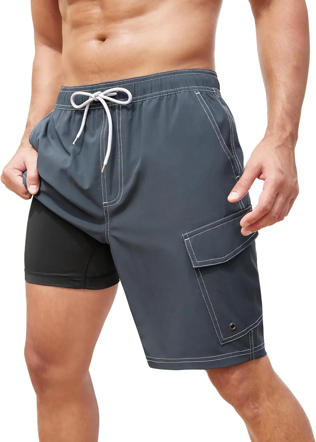 SILKWORLD Mens Swim Trunks with Compression Liner 9 Inch Bathing Suits Quick-Dry Swimming Beach Shorts with Cargo Pockets
