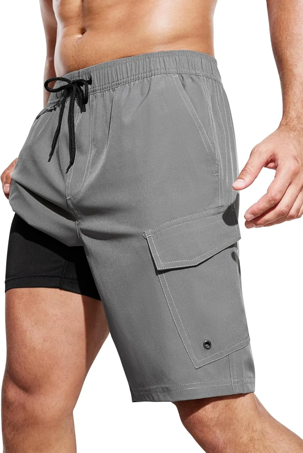 SILKWORLD Mens Swim Trunks with Compression Liner 9 Inch Bathing Suits Quick-Dry Swimming Beach Shorts with Cargo Pockets