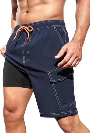 SILKWORLD Mens Swim Trunks with Compression Liner 9 Inch Bathing Suits Quick-Dry Swimming Beach Shorts with Cargo Pockets